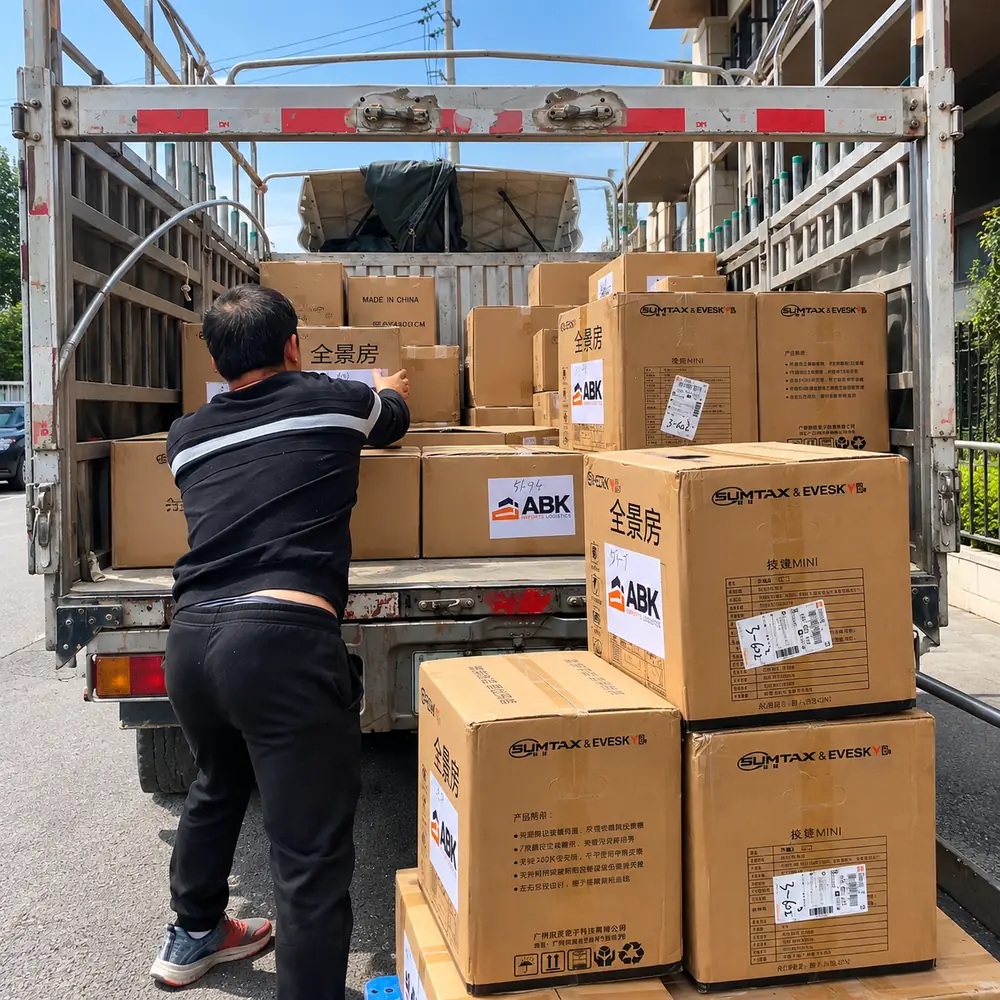 Personal ABK organizando cajas para embarque Express